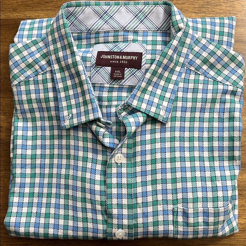 Johnston & Murphy Cotton Green Blue White Plaid Western Button Down Mens XXL